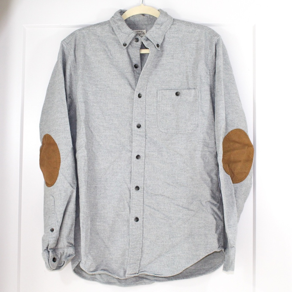 J Crew Grey Button Down Work Shirt w elbow patches